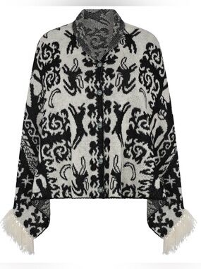 Carolina K Pampa Poncho Cardigan Handmade Fringe Knit Black White Boho Luxe